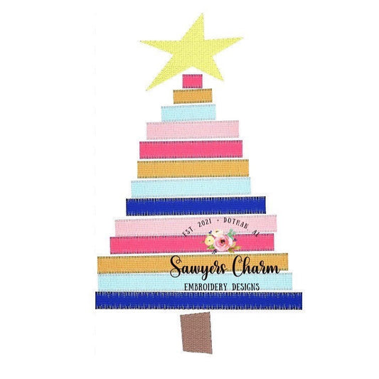 Boho Christmas tree with star satin stitch machine design embroidery file, quick stitch, zig zag, holiday tree