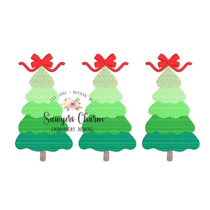 BUNDLE Christmas trees trio with bows & star sketch stitch machine applique design embroidery file, quick stitch, satin stitch, holidays