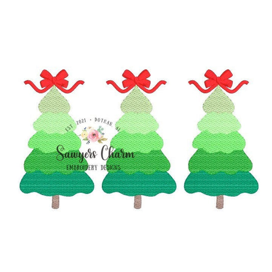 BUNDLE Christmas trees trio with bows & star sketch stitch machine applique design embroidery file, quick stitch, satin stitch, holidays