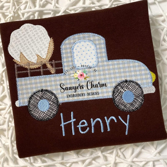 Fall vintage cotton boll pickup truck machine applique design embroidery file, zig zag stitch, with and without bow