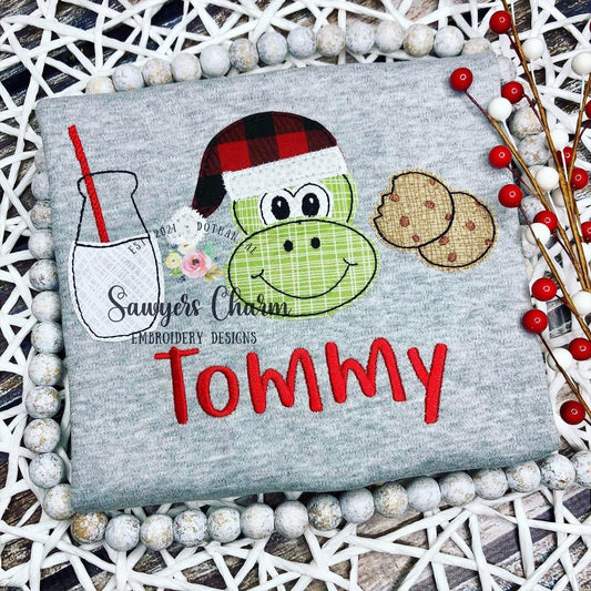 Christmas/holiday Santa dinosaur milk and cookies holly jolly bean stitch machine applique design embroidery file, quick stitch