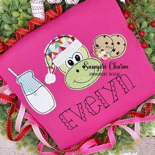 Christmas/holiday Santa dinosaur milk and cookies holly jolly bean stitch machine applique design embroidery file, quick stitch