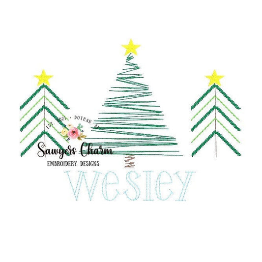 BUNDLE Christmas trees with bows & star vintage bean stitch sketch machine embroidery design file, quick stitch, holidays, font not included