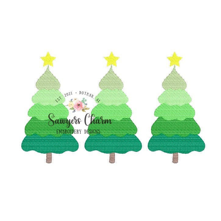 BUNDLE Christmas trees trio with bows & star sketch stitch machine applique design embroidery file, quick stitch, satin stitch, holidays