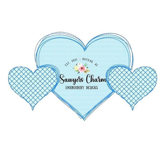 Valentine's Day hearts trio sketch machine applique embroidery design file, quick stitch, bean stitch, vintage stitch, scribble squiggly