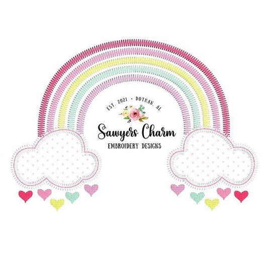 Valentine's Day boho zig zag rainbow hearts zig zag clouds, vintage bean stitch applique machine embroidery design file, quick stitch