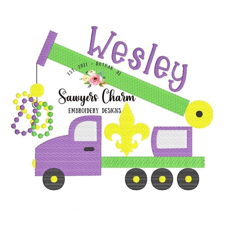 Mardi gras Construction crane sketch design machine embroidery file, fleur de lis, beads, quick stitch