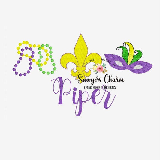 BUNDLE Mardi Gras trio sketch design machine embroidery file, fleur de lis, beads, mask, jester hat, quick stitch