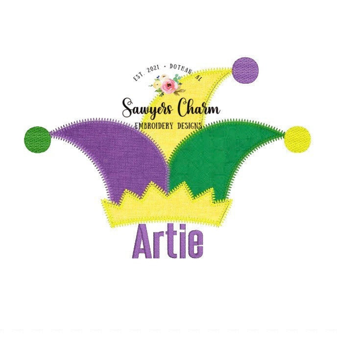 Mardi Gras jester hat zig zag stitch machine applique design embroidery file, quick stitch, clown, party parade