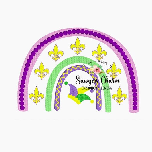 Mardi Gras rainbow fleur de lis machine embroidery design file, sketch stitch, jester hat, fill stitch