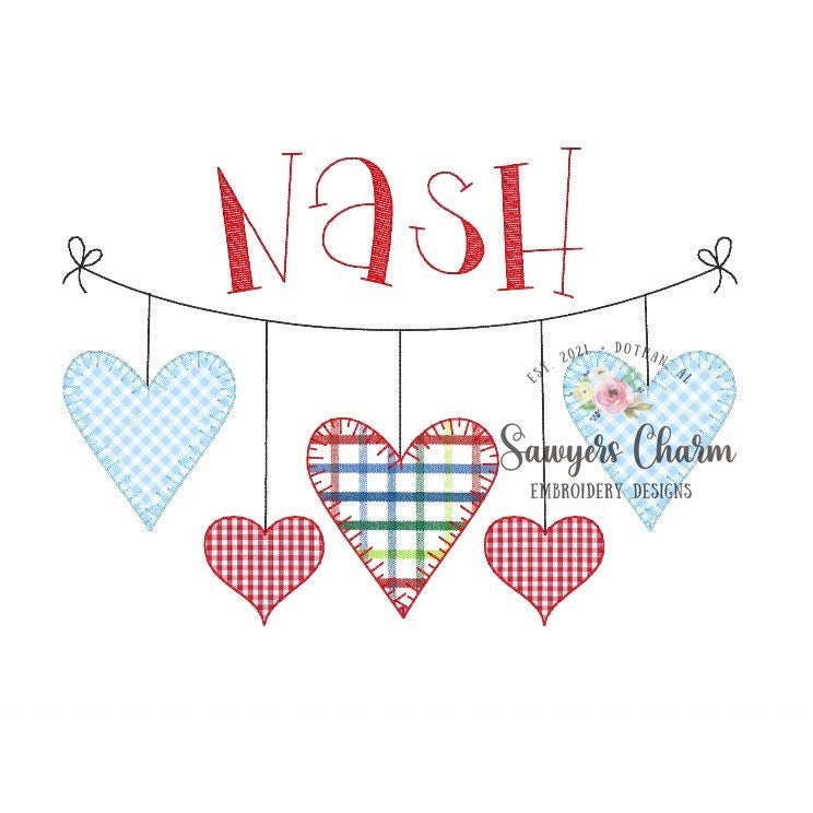 Valentine's Day hearts bunting banner machine applique embroidery design file, quick stitch, bean stitch, blanket stitch