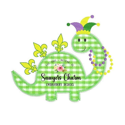 Mardi gras dinosaur applique machine embroidery file, fleur de lis, beads, quick stitch, zig zag stitch, jester hat, let the good times roll