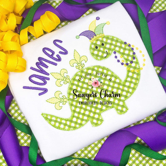 Mardi gras dinosaur applique machine embroidery file, fleur de lis, beads, quick stitch, zig zag stitch, jester hat, let the good times roll