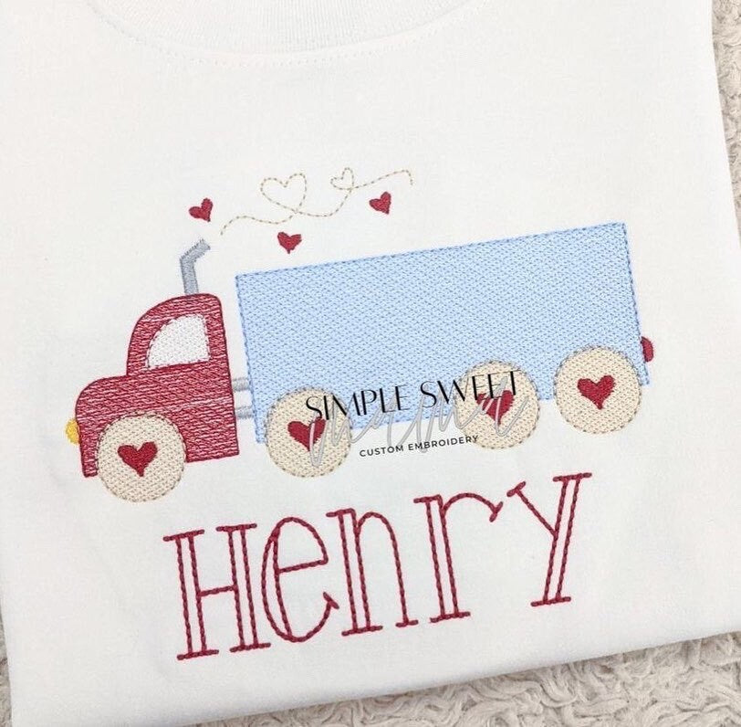 BUNDLE Valentine's Day Big truck, semi truck with hearts machine applique design, embroidery file zig zag, blanket stitch, sketch stitch