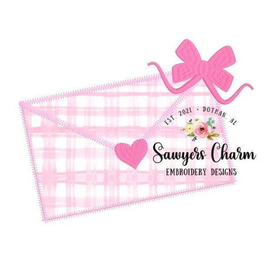 Valentine's Day heart envelope with bow machine applique embroidery design file, quick stitch, zig zag stitch
