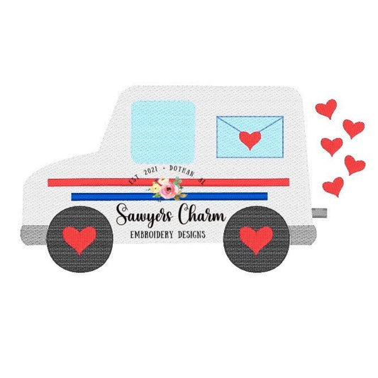 BUNDLE Valentine's Day mail truck with hearts sketch stitch AND bean stitch applique machine embroidery design, love, be mine, XOXO