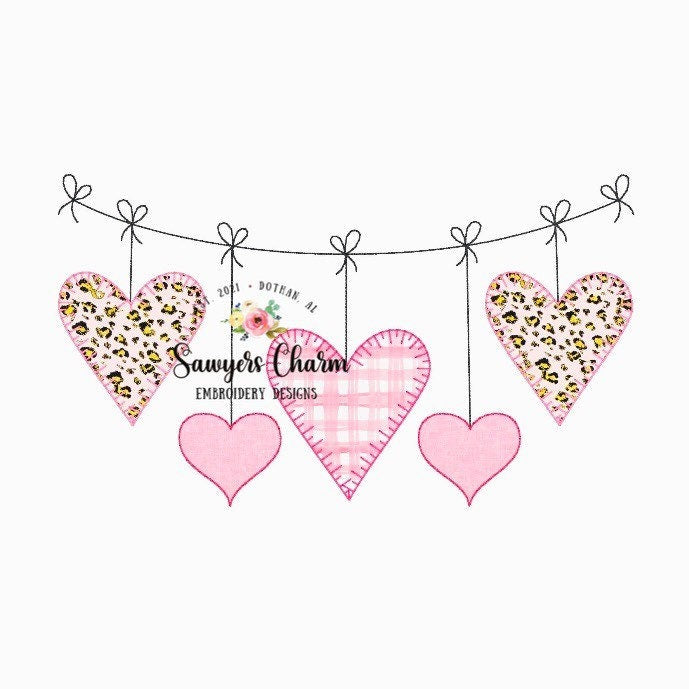 Valentine's Day hearts bunting banner machine applique embroidery design file, quick stitch, bean stitch, blanket stitch