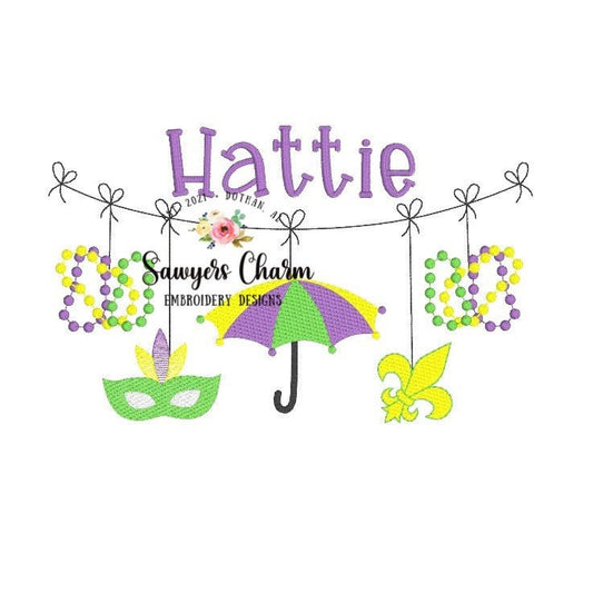 BUNDLE Mardi Gras bunting banner sketch design machine embroidery file, fleur de lis, beads, mask, umbrella, jester hat, quick stitch