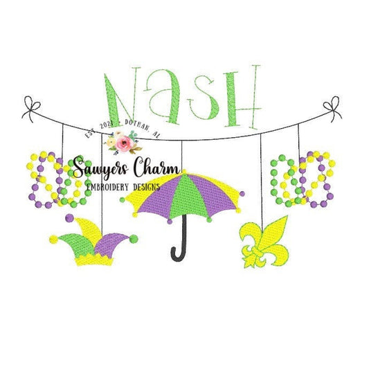 BUNDLE Mardi Gras bunting banner sketch design machine embroidery file, fleur de lis, beads, mask, umbrella, jester hat, quick stitch