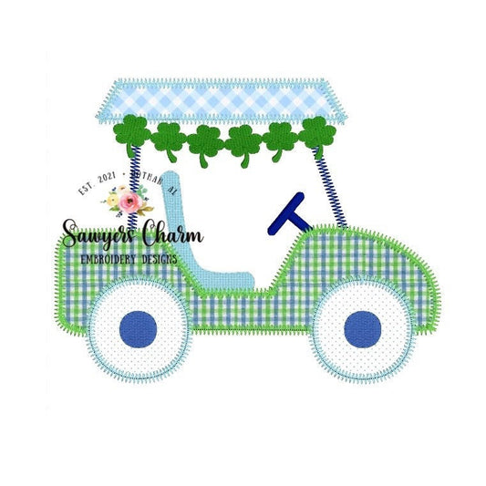 St. Patrick's Day Golf cart with shamrocks zigzag machine embroidery applique design file, quick stitch, boy or girl design