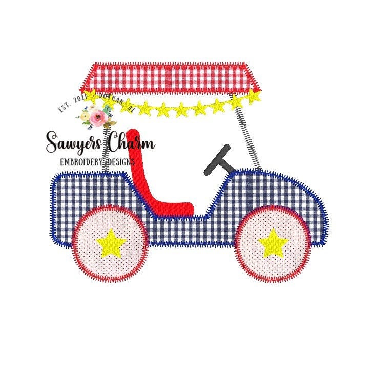 Patriotic July 4th Golf cart with stars zigzag machine embroidery applique design file, quick stitch, boy or girl design