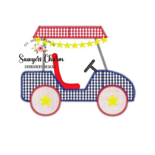 Patriotic July 4th Golf cart with stars zigzag machine embroidery applique design file, quick stitch, boy or girl design