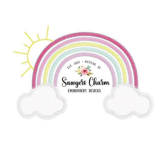Boho rainbow with sunshine and clouds zig zag, vintage bean stitch applique machine embroidery design file
