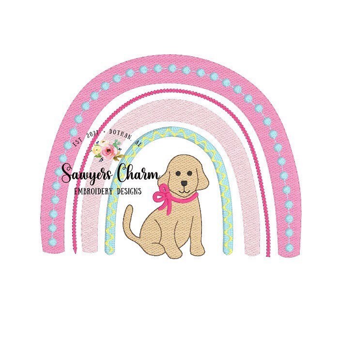 Boho sketch rainbow with puppy with bow machine embroidery design file