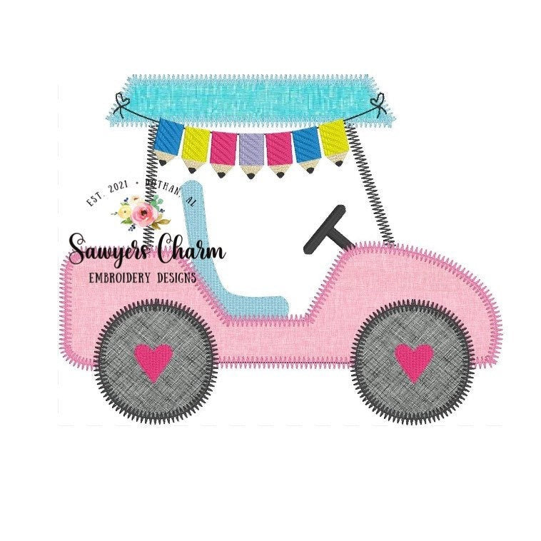 Back to school Golf cart with pencils zigzag machine embroidery applique design file, quick stitch, boy or girl design