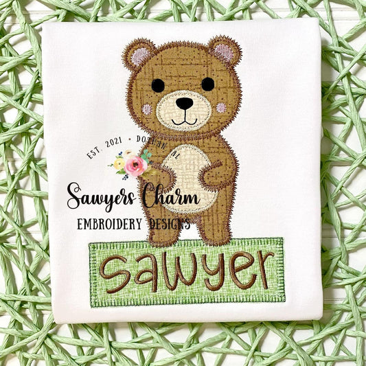 Sweet Teddy bear baby boy zigzag machine applique design embroidery file, zig zag, quick stitch