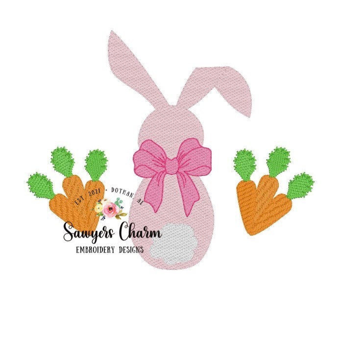 BUNDLE Girl and boy Easter bunny carrots trio sketch machine embroidery design file, quick stitch, with and without bows