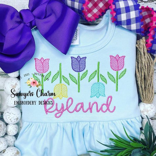 Row of tulips sketch stitch machine embroidery design file, quick stitch, spring flowers, bean and satin stitch