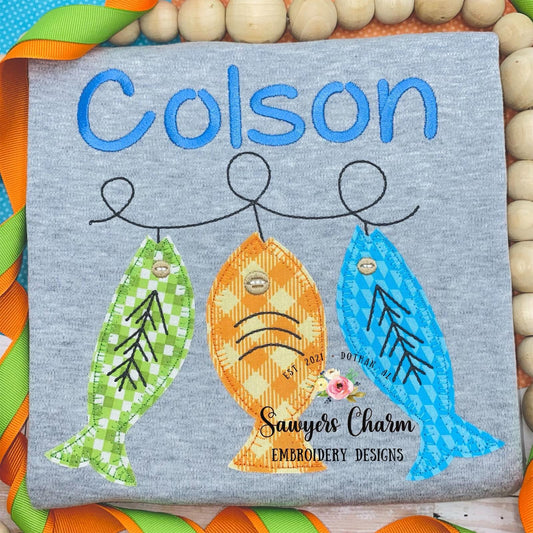 Fish blanket stitch machine applique design embroidery file, fishing lures, quick stitch, bean stitch