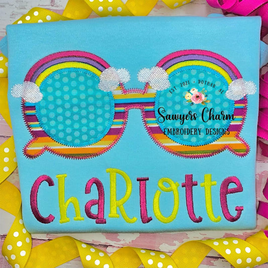 Rainbow zig zag sunglasses vintage/retro applique machine embroidery design file, sunnies, quick stitch, summer shades