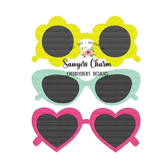Retro summer sunglasses trio sketch stitch machine embroidery design file, sunnies, shades, vintage, quick stitch, summer fun