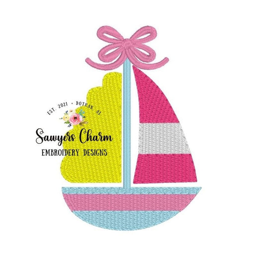 Mini fill girl sailboat with bow machine embroidery design file, quick stitch, summer, perfect for monograms, nautical