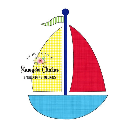 Bean stitch sailboat with flag machine embroidery design file, quick stitch, summer, nautical, beach, water vessel