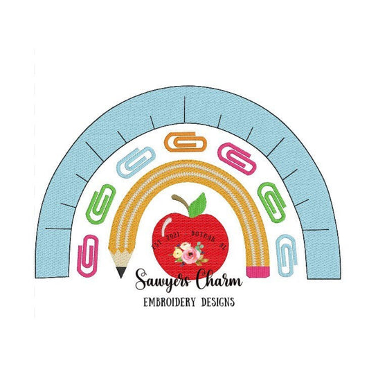 Back to school rainbow with pencil, ruler, paper clips, and apple machine sketch fill design embroidery file, quick stitch