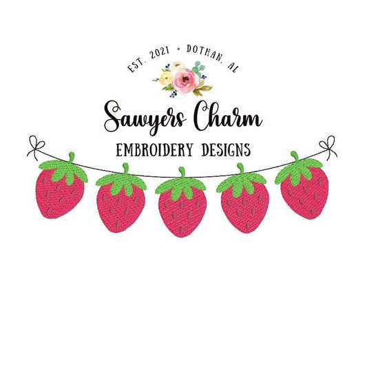 Strawberry sketch bunting banner machine embroidery design file, quick stitch, bean stitch with bows, summer, spring, fruit