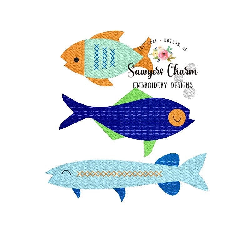 Fish trio sketch stitch with bean stitch edge, machine embroidery design file, fishing, quick stitch, ocean creatures, summer, spring