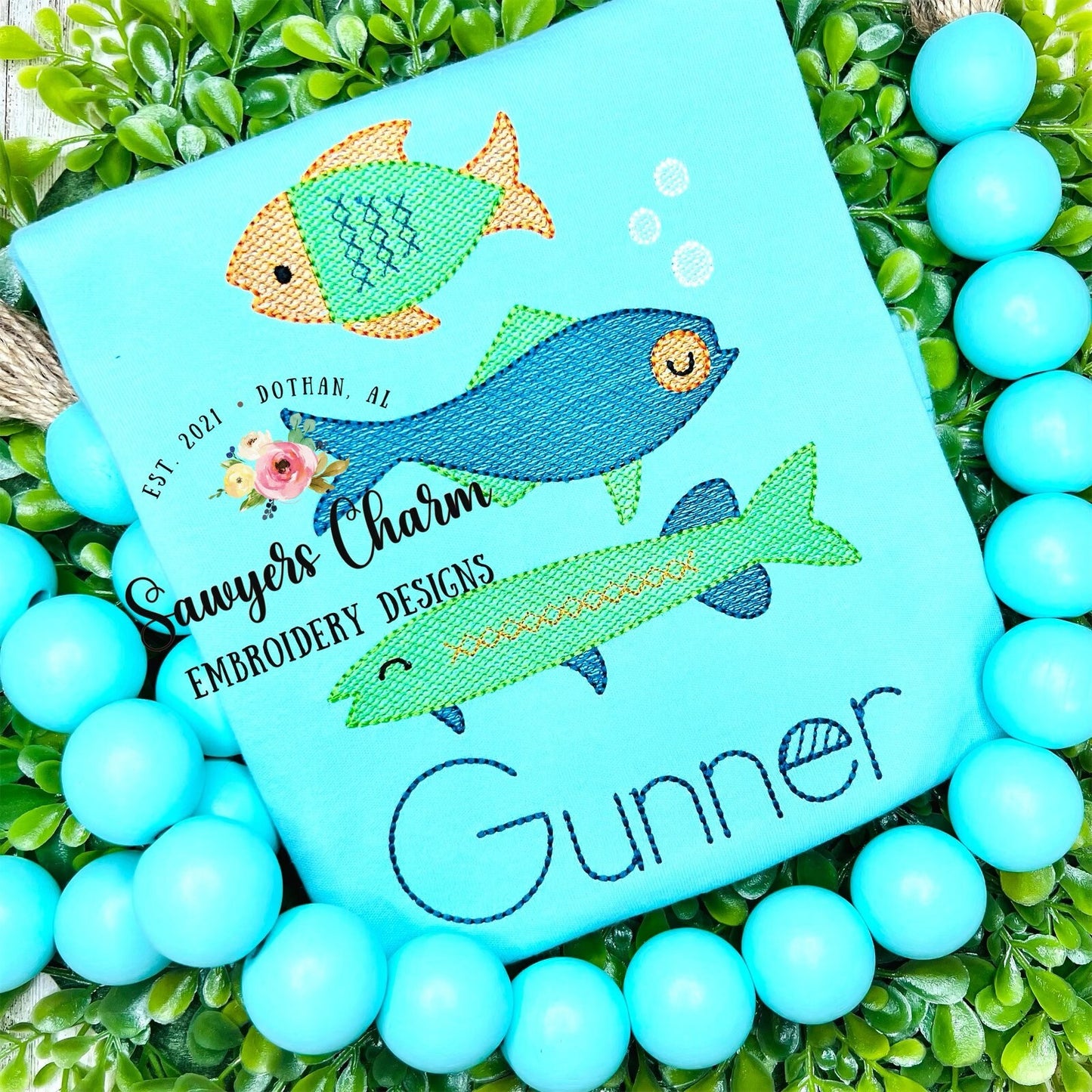 BUNDLE Fish trio bean stitch AND sketch stitch machine applique/embroidery design file, fishing, quick stitch, ocean creatures, summer
