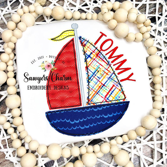 Bean stitch sailboat with flag machine embroidery design file, quick stitch, summer, nautical, beach, water vessel