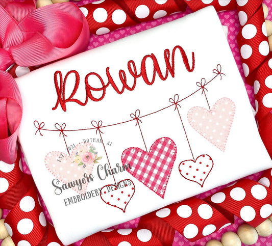 Valentine's Day hearts bunting banner machine applique embroidery design file, quick stitch, bean stitch, blanket stitch