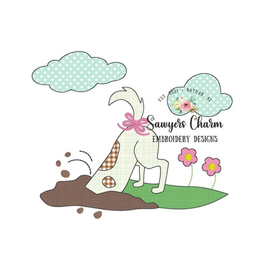 Puppy dog digging in dirt/grass with and without bow, bean stitch machine applique embroidery design file, flowers, quick stitch, summer