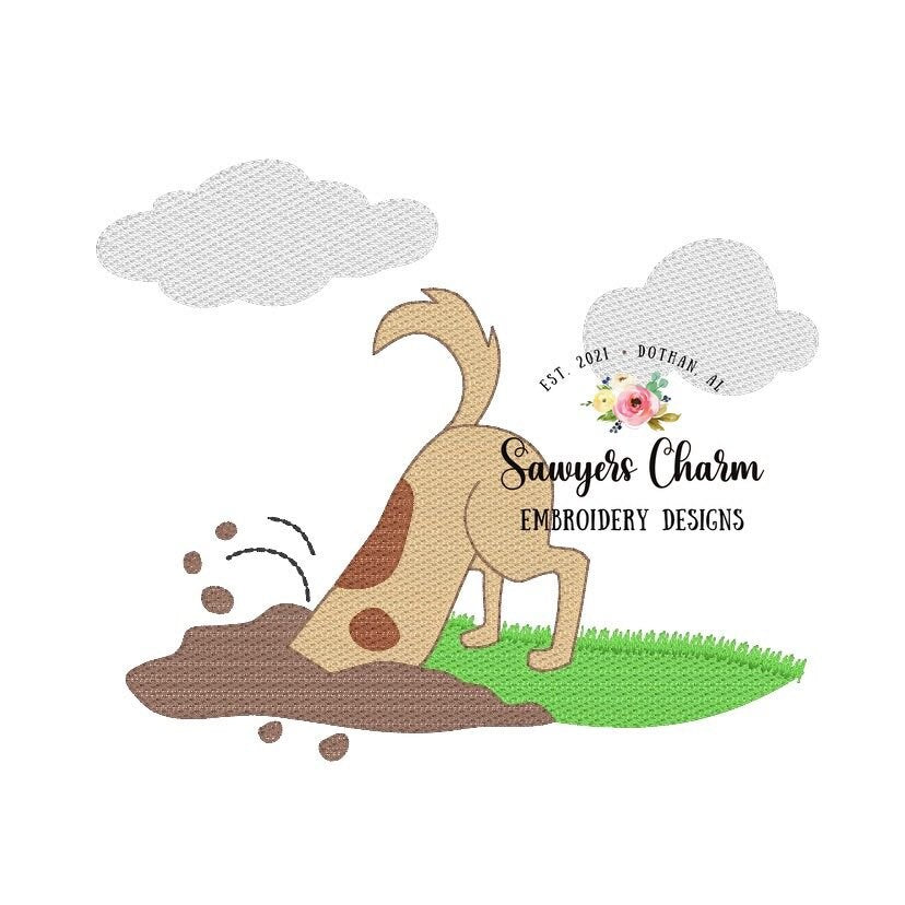 Puppy dog digging in dirt/grass with and without bow, sketch stitch machine embroidery design file, flowers, quick stitch, summer, clouds
