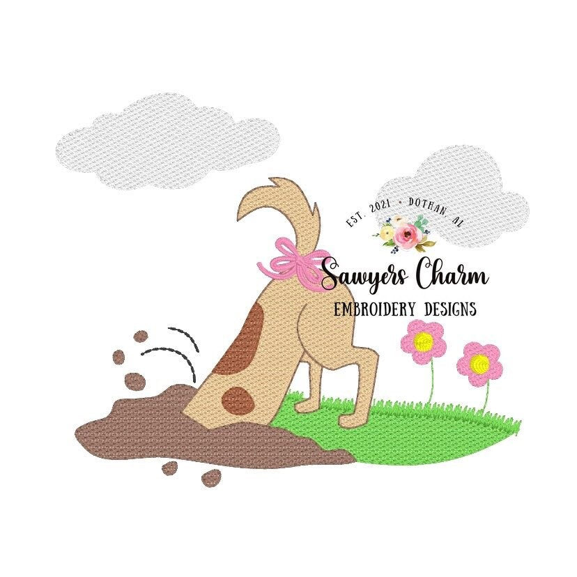 Puppy dog digging in dirt/grass with and without bow, sketch stitch machine embroidery design file, flowers, quick stitch, summer, clouds