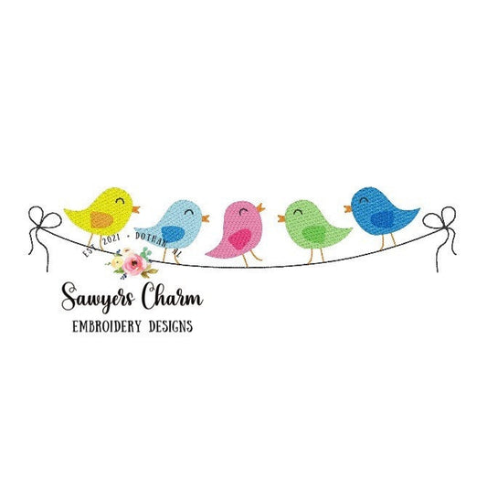 Birds on a line/wire with bows bunting, sketch stitch machine embroidery design file, quick stitch, summer, spring, sweet little birdies