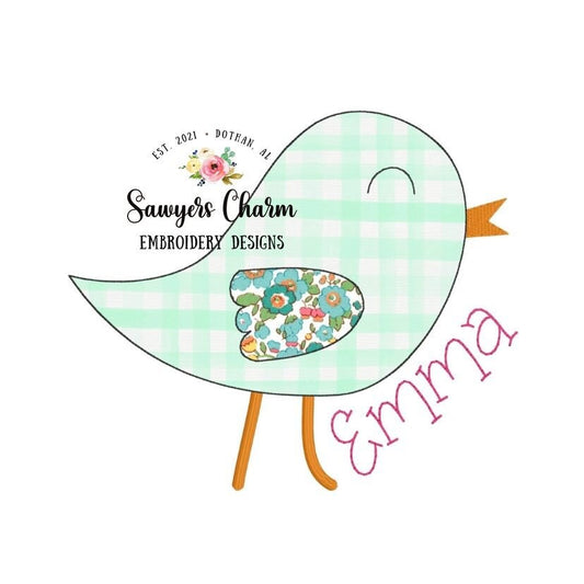 Bird bean stitch applique, machine embroidery design file, quick stitch, summer, spring, sweet little birdie, satin stitch legs