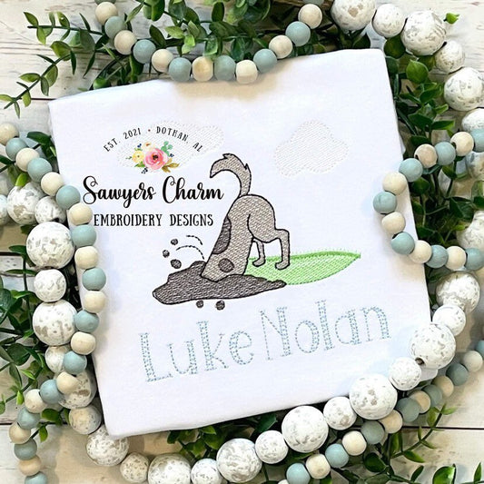 Puppy dog digging in dirt/grass with and without bow, sketch stitch machine embroidery design file, flowers, quick stitch, summer, clouds