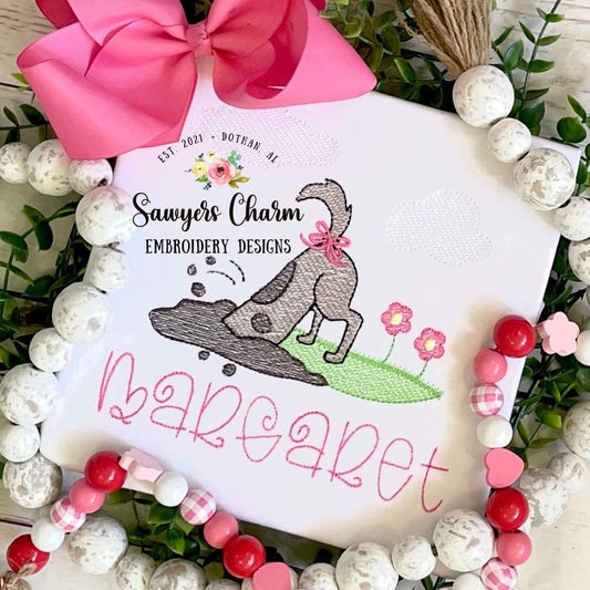 Puppy dog digging in dirt/grass with and without bow, sketch stitch machine embroidery design file, flowers, quick stitch, summer, clouds